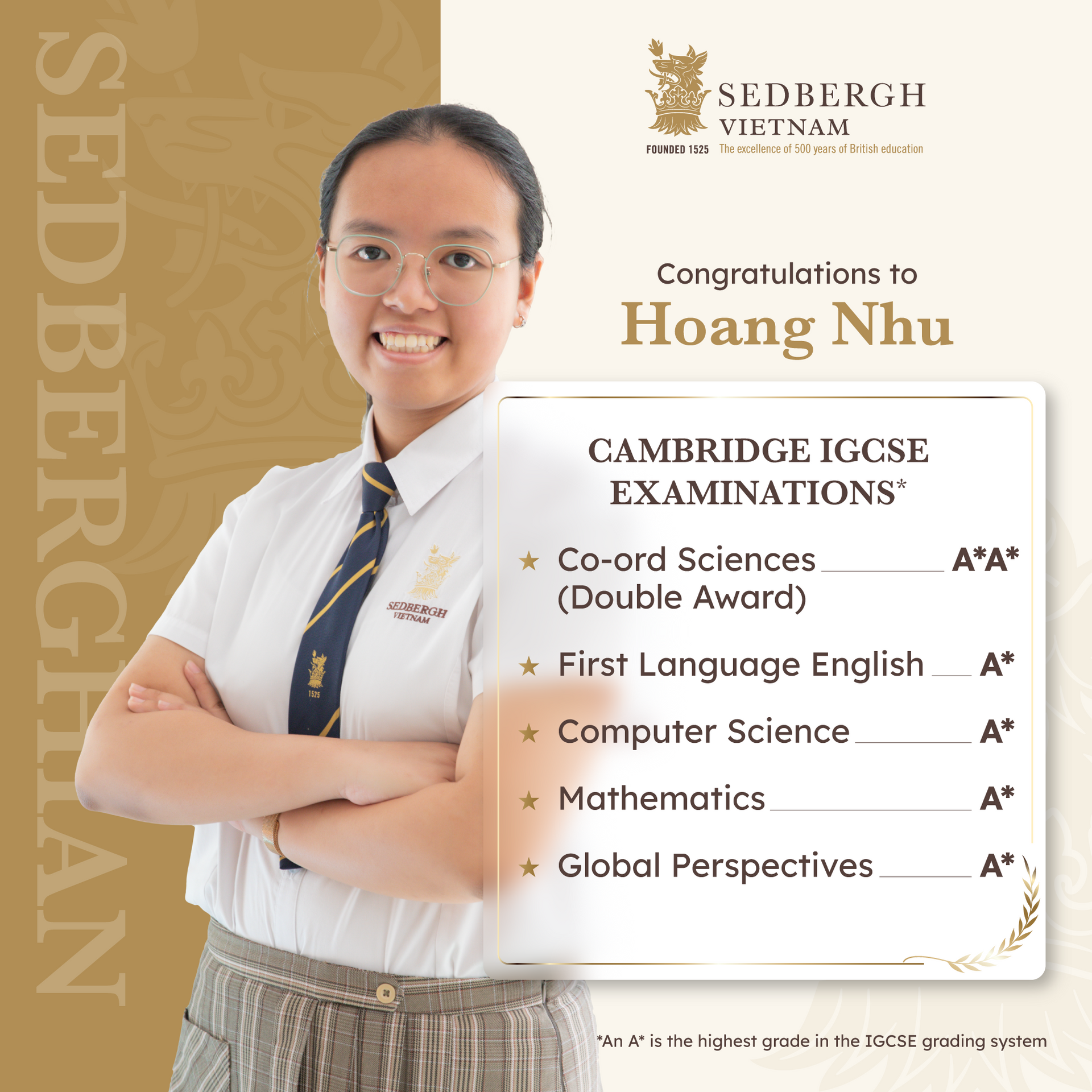 Kết quả Cambridge IGCSE của học sinh Hoàng Như