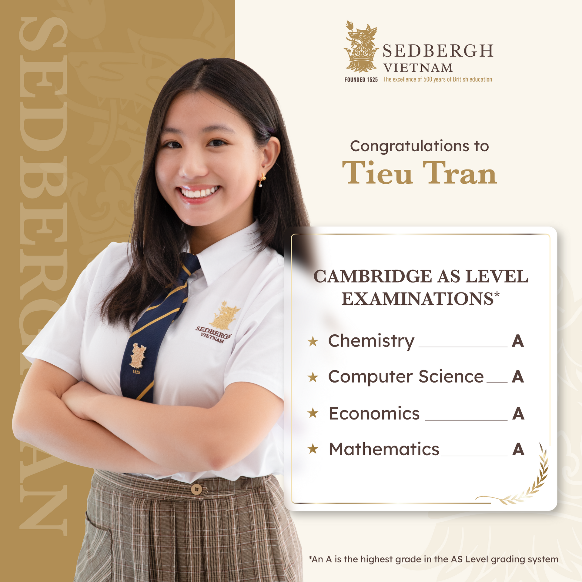 Kết quả Cambridge AS và A Level của học sinh Tiểu Trân