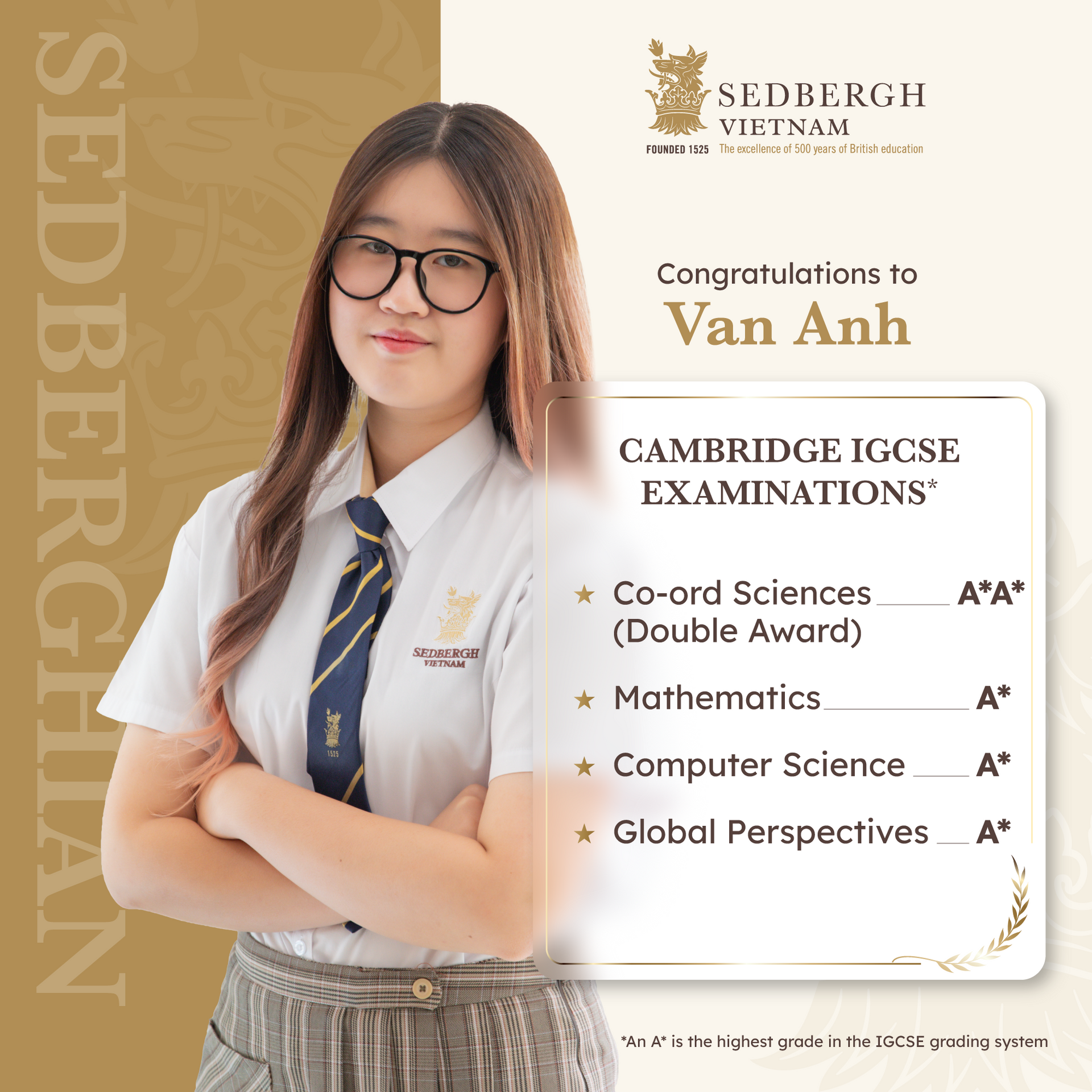 Kết quả Cambridge IGCSE của học sinh Vân Anh